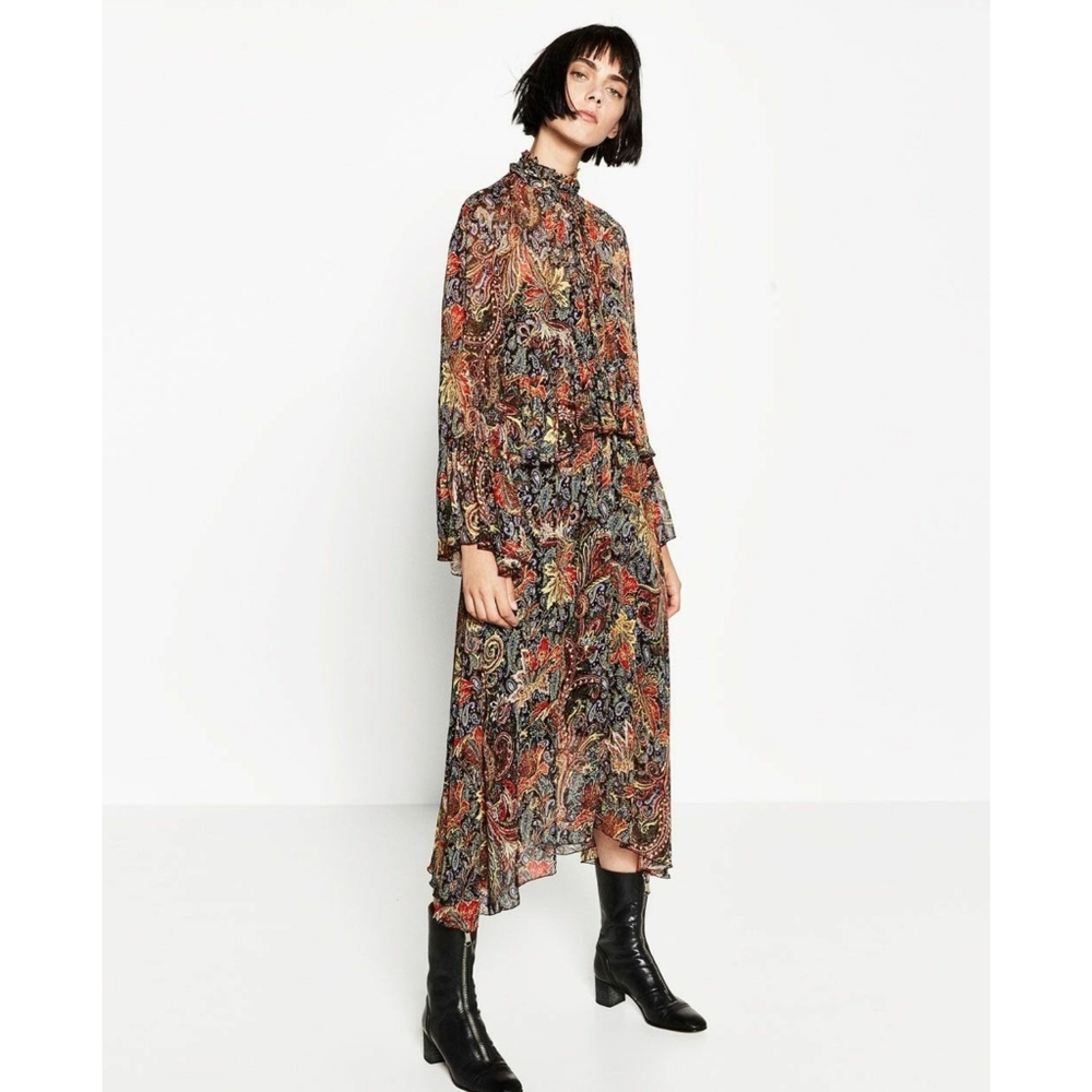 ZARA Long Oversized Ruffle Trim Printed Dress Women's Size XS-S - Picture 3 of 16
